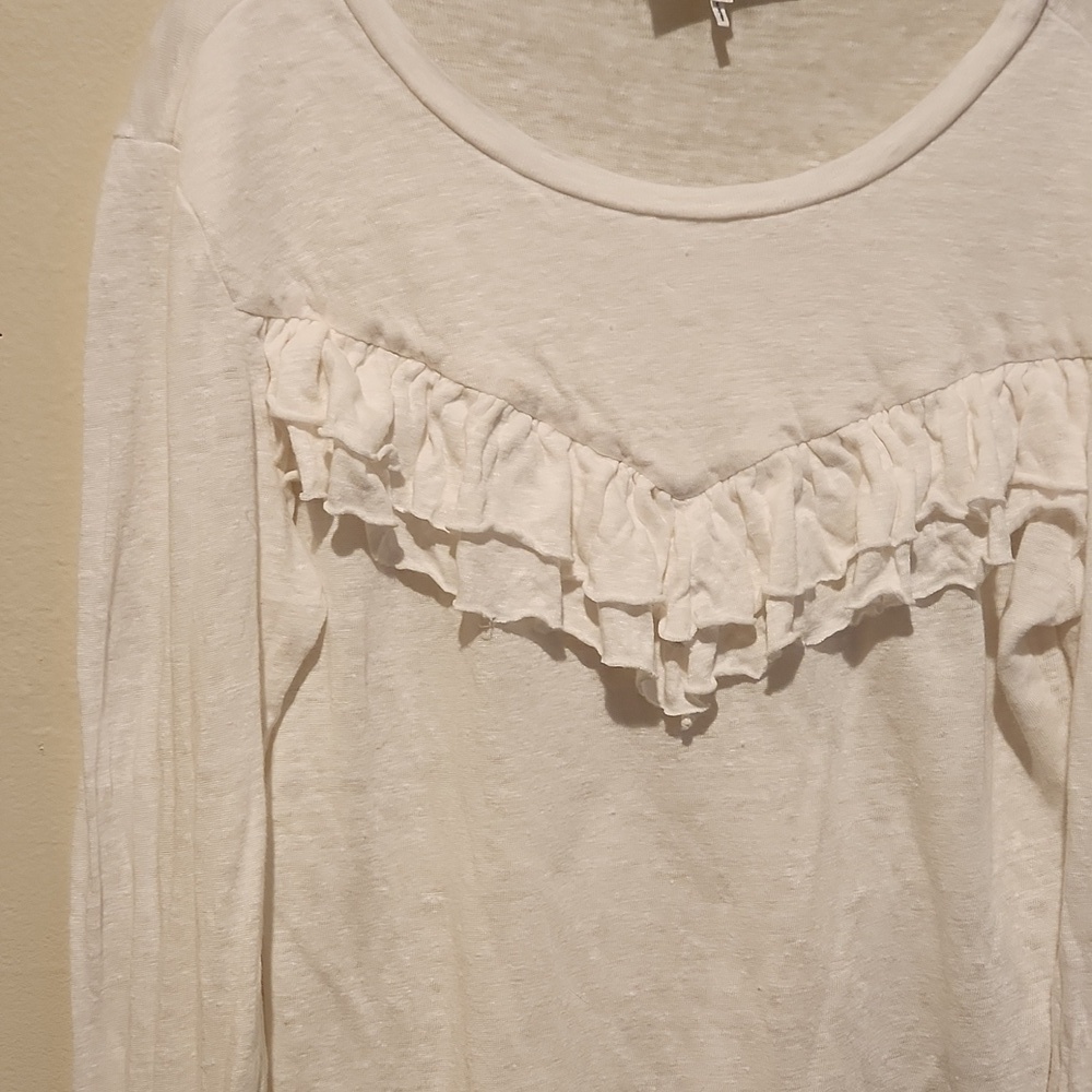❤ FRAME DENIM LINEN LONG SLEEVE RUFFLE TOP IN BLANC / WHITE, XS - Picture 3 of 7